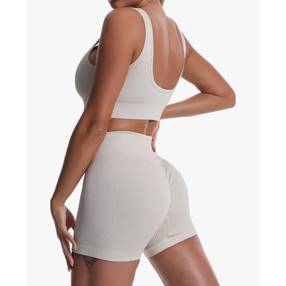 Jojoans Ribbed Sports Bra & Biker Shorts 2 Piece Gym Workout Set Ivory Sz L NWOT